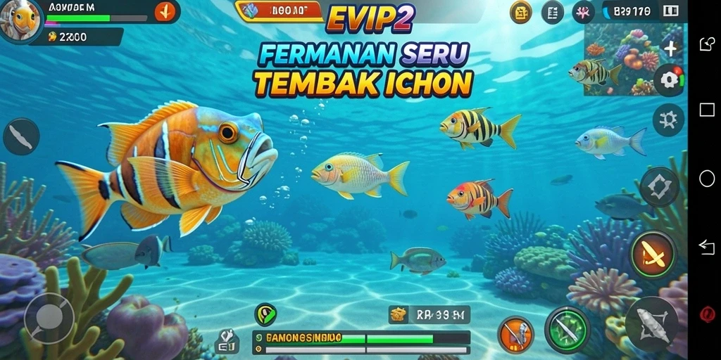 Tampilan gameplay seru dalam EVIP2 saat menangkap ikan.