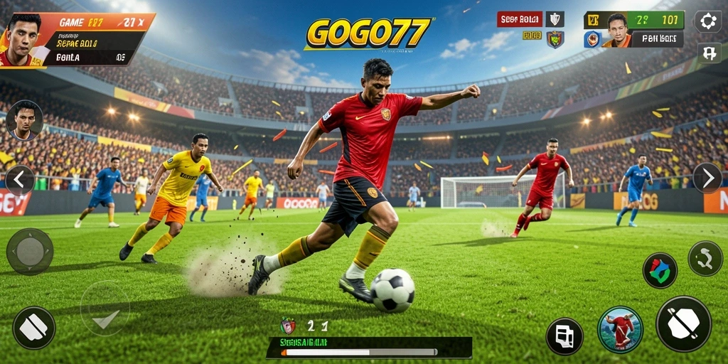 Tampilan gameplay dinamis GOGO77 dengan aksi sepak bola seru.