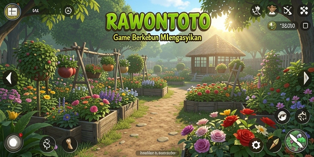 Tampilan gameplay RAWONTOTO yang menampilkan kebun yang indah dan berwarna.