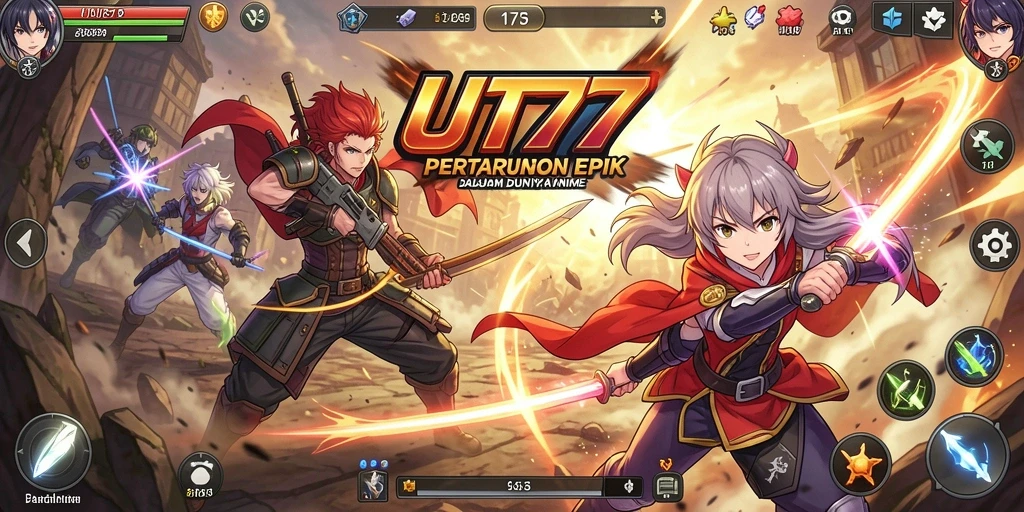 Tangkapan layar UT77 menampilkan aksi pertarungan karakter anime yang mendebarkan.
